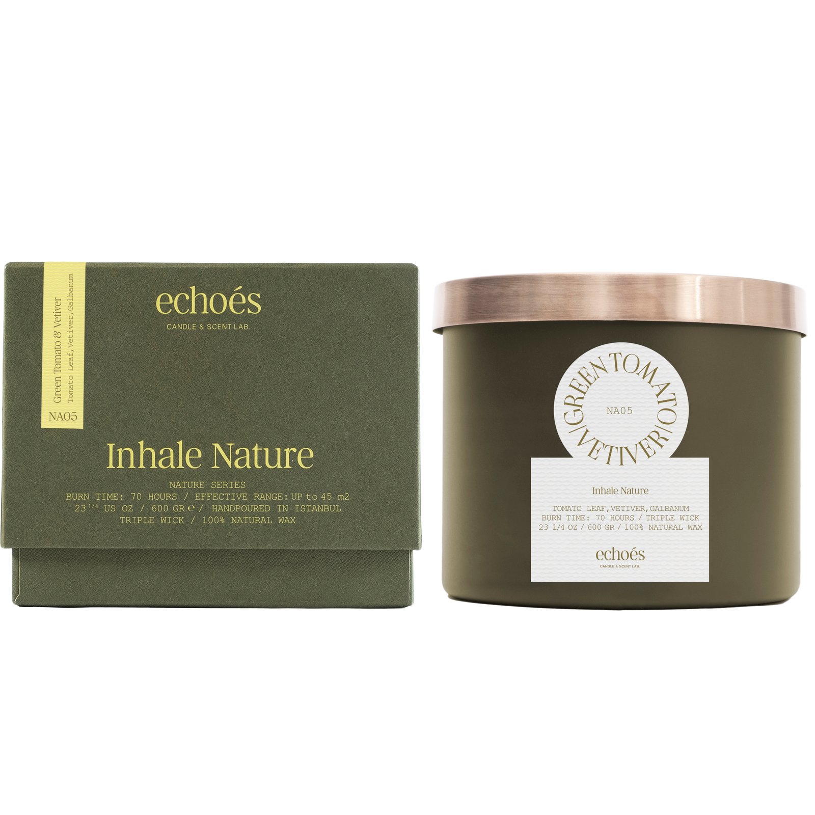 NA05-600AB Echoes Premium Natural Scented Candle, Green Tomato & Vetiver, in Luxury Glass Jar, cotton wicks with paper threads with Self-Trimming - Image 1