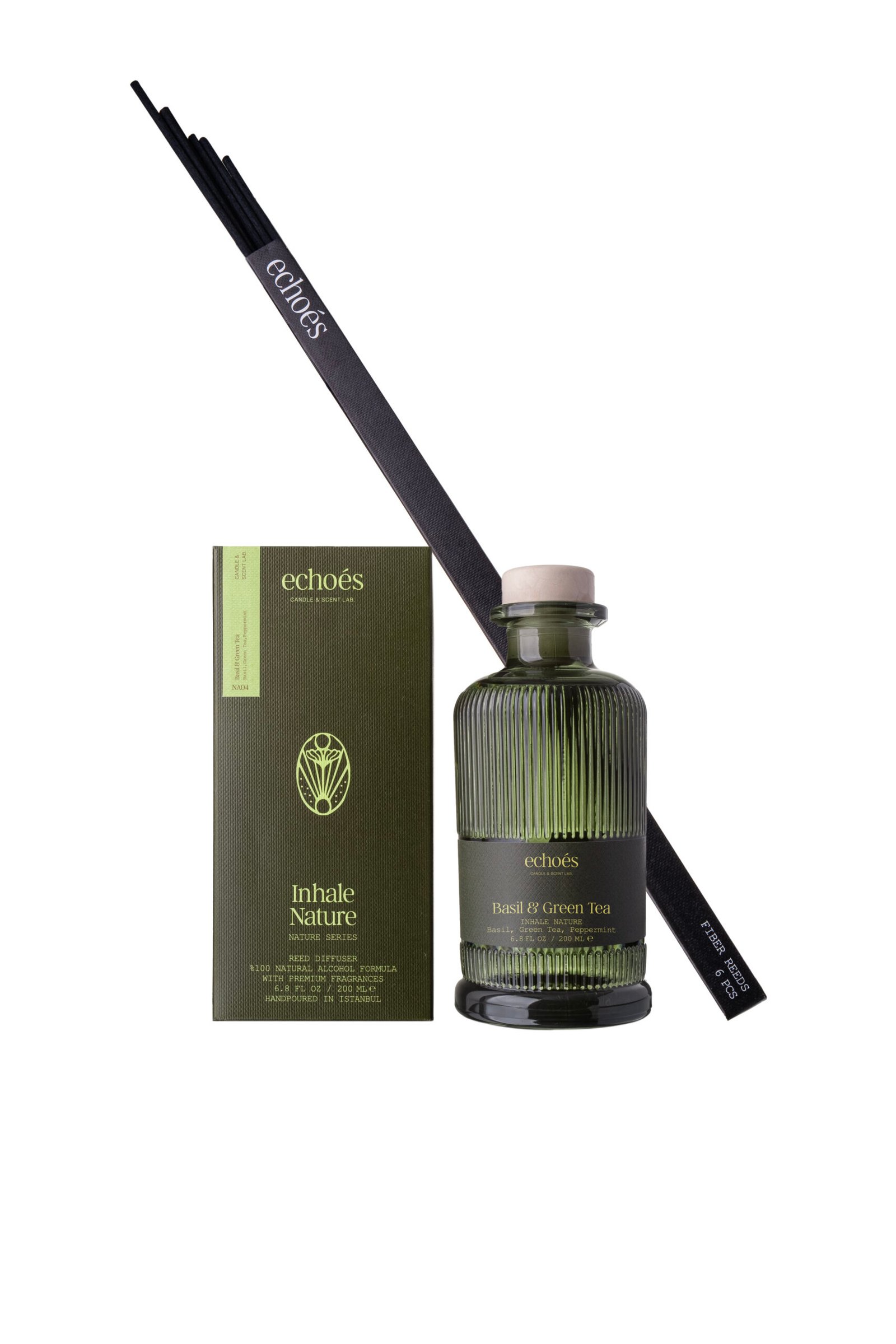 basilgreenteadiff3 Echoes Basil & Green Tea Premium Reed Diffuser with Sticks - 200ml - Image 1